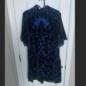 Anthropologie Mock-Neck Velvet Blue and Black Mini Dres